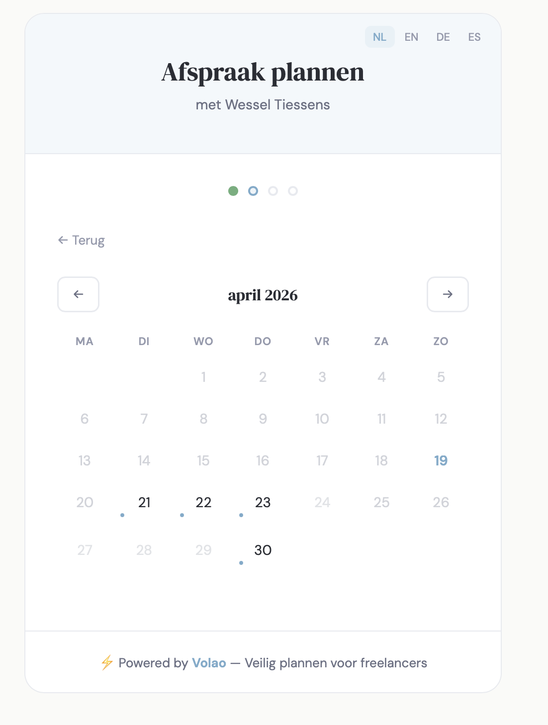 Booking page: kies een datum