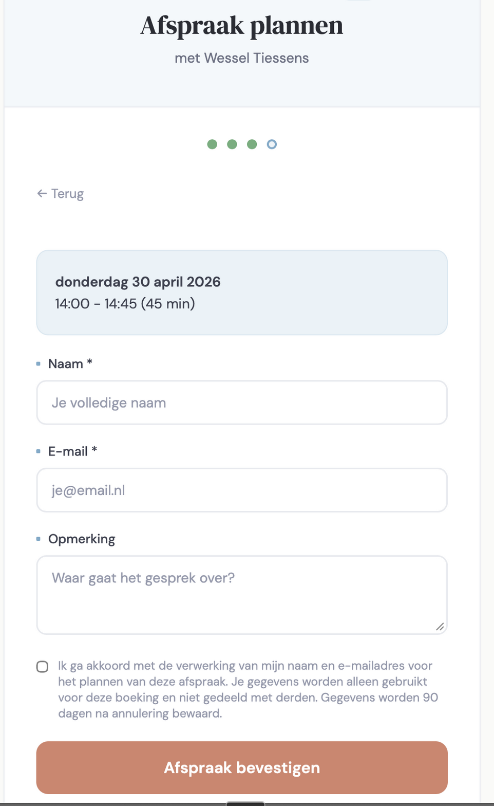 Booking page: naam en e-mail