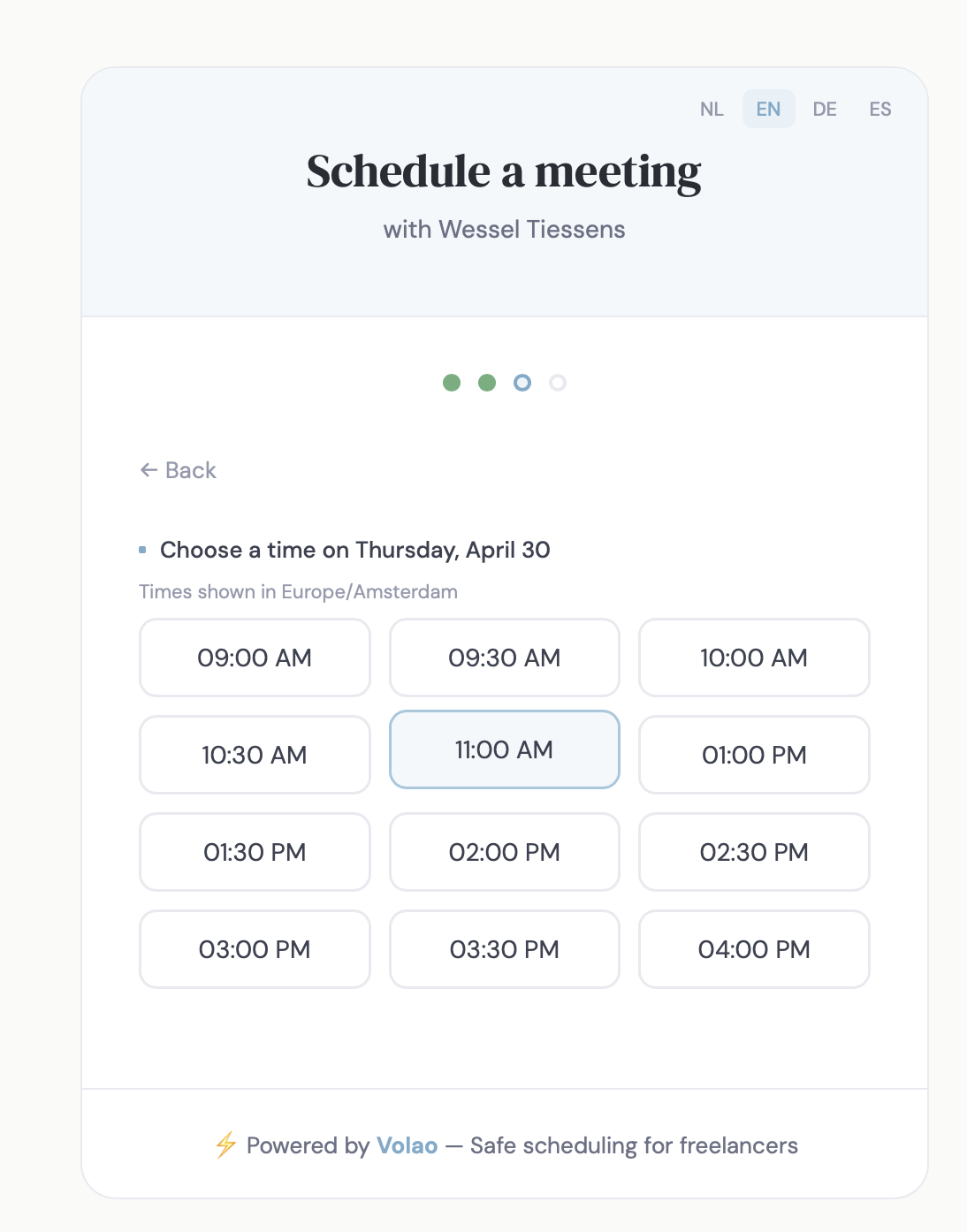 Booking page: pick a time