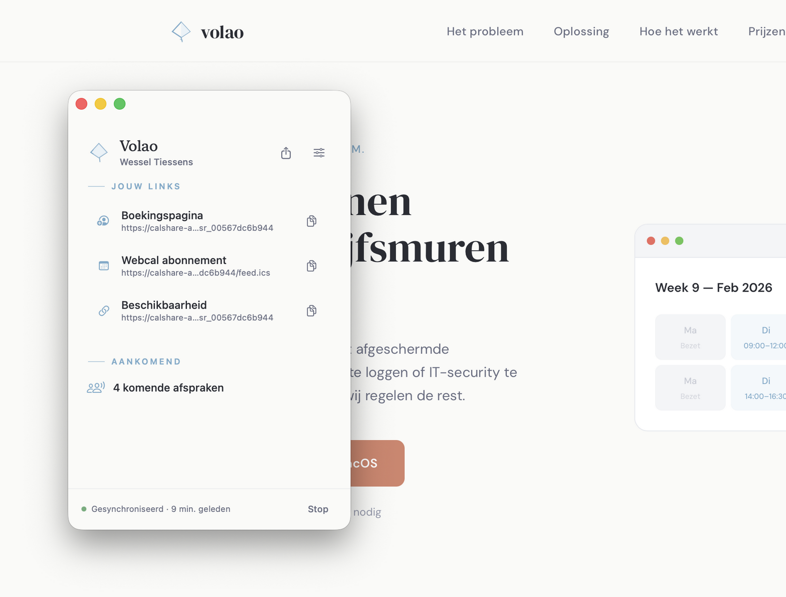 Volao menubar-app op macOS met links en aankomende afspraken